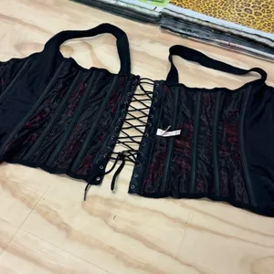 Y2K‎ Vintage Victoria’s Secret Lace Up Floral Corset Top Black Red Medium thumbnail 7