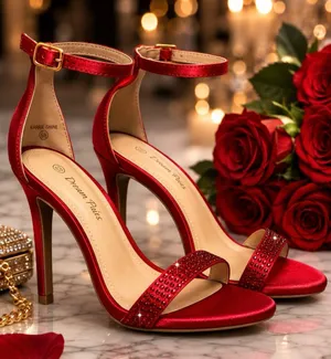 Dream Paris Red Satin Stilettos With Rhinestone Detailing thumbnail 1
