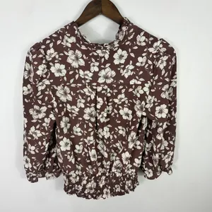 Monteau Blouse M Brown Floral Faux Wrap Cottagecore‎ Dark Romantic Feminine Top thumbnail 6