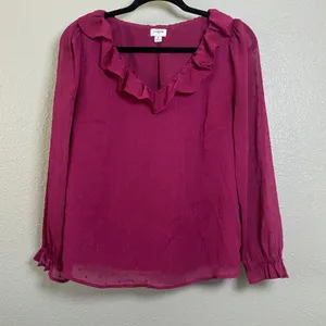 J. Crew Factory Fuchsia Shimmery Polka Dot Ruffle Blouse Small Going Out Casual thumbnail 1
