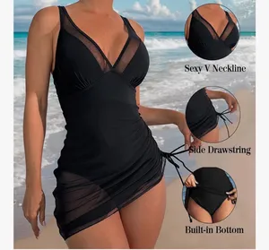 Amazon Women's V Neck One Piece Swimsuit Mesh Sheer Swim Dress Curvy Tummy Control Side Drawstring Bathing Suits thumbnail 5