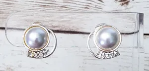Vintage TJG Clip On Earrings - 5/8" Faux Pearl with Clear Gems Swirl thumbnail 1