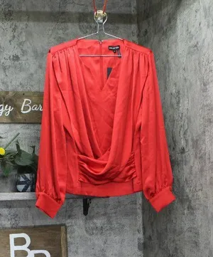 Halston Womens Satin Surplice-Draped Cross Over Neck Blouse Top Bright Red L thumbnail 1