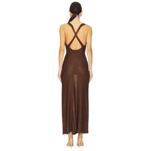 SOVERE Spark Dress in Coffee Medium New Womens Knit Crochet sequin Maxi Gown thumbnail 2