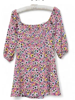 H&M Women’s Crinkle Cut Floral Print Off the Shoulders Quarter Sleeve Mini Dress thumbnail 11