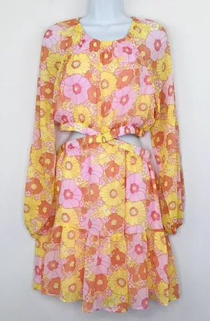 Steve Madden Cadi Floral Mini Dress Pink Yellow Long Sleeve Cutout Size M NWT thumbnail 1