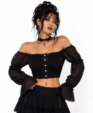 NWT Parisian Dark Romantic Ruched Button Crop Top Black Goth Bell Sleeve Size 10 thumbnail 1