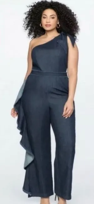 Eloquii One Shoulder Ruffle‎ Denim Jumpsuit in Blue Size 24 thumbnail 1