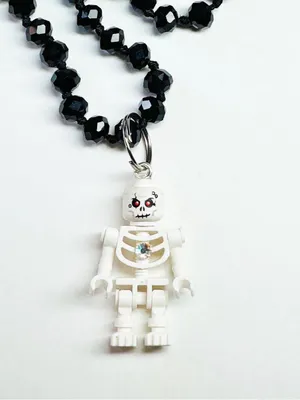 Lego Skeleton Charm on a long 36” Black Beaded Necklace. thumbnail 3