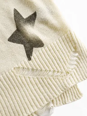 POL Distressed Star Print Knit Hoodie Sweater Cream Ivory Small Like New thumbnail 5