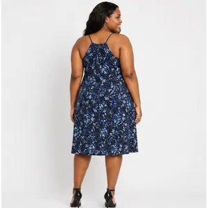 Time and Tru Womens Dress Size XL Dark Navy Floral Halter Knit Midi Flowy Halter thumbnail 6