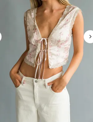 Cotton Candy LA Floral Satin Lace Trim Tie Front Top thumbnail 1