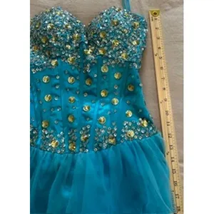 Aqua Blue Rhinestone Embellished Tulle Prom Gown Corset Back Sweetheart Dress thumbnail 12