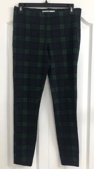 Mango Basics womens plaid flannel pull on pants green medium thumbnail 1