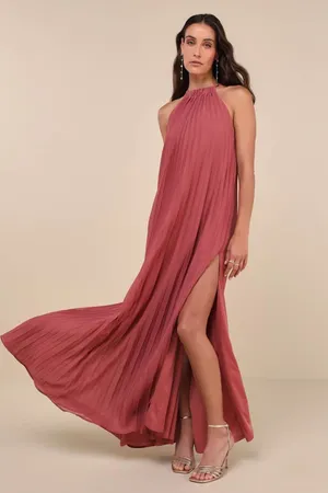NWT Lulus Exceptionally Elegant Rusty Rose Pleated Chiffon Maxi Dress Banquet XS thumbnail 1