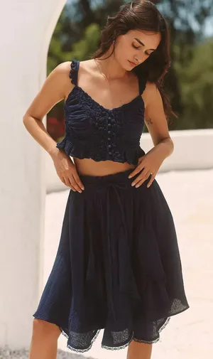 Anthropologie | Celandine Navy Blue Peasant Boho Smocked Strappy Crop Top SMALL thumbnail 1