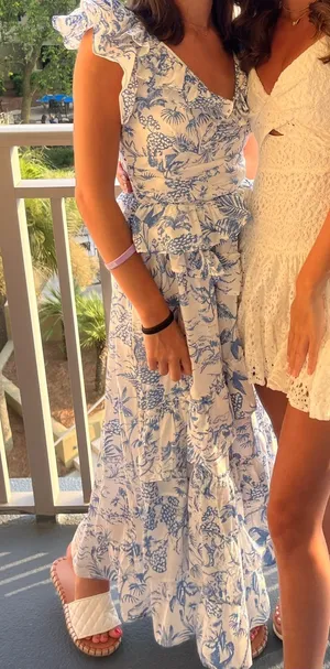 Storia White and Blue Floral Ruffle Maxi Dress thumbnail 1