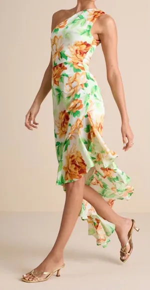 NWT Lulus Medium Divinely Blooming White Multi Floral One-Shoulder Midi Dress thumbnail 1