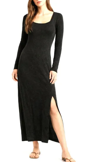 Free People FP Beach Maxi Dress Medium Black Knit Long Sleeve Side Slit Scoop Ne thumbnail 1