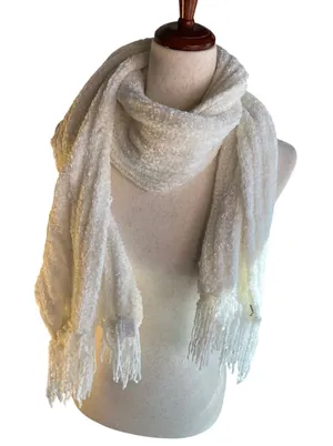 White Textured Boucle Fringe Scarf Long Cozy Winter Wrap thumbnail 1