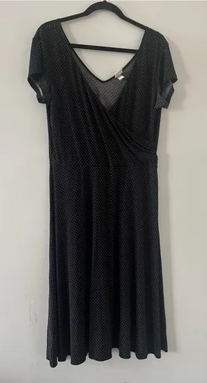 Merona Black Polka Dot Faux Wrap Midi Dress Large Teacher Office Modest Church thumbnail 1