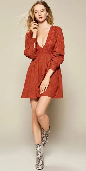 Free People Orange Long Sleeve Sugar Pie Babydoll A line Dress thumbnail 3