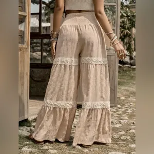 Boutique Boho Chic Crochet Lace Tiered Wide Leg Textured Palazzo Pants Coastal Cowgirl L thumbnail 4