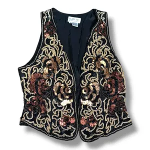 Vintage 90s‎ Black Tie Silk Beaded Metallic Sequin Open Front Vest Gold Bronze thumbnail 1
