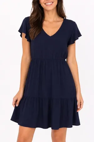 Hotouch Womens Navy Blue Tiered V-Neck Flutter Sleeve T-Shirt Dress Size L thumbnail 1