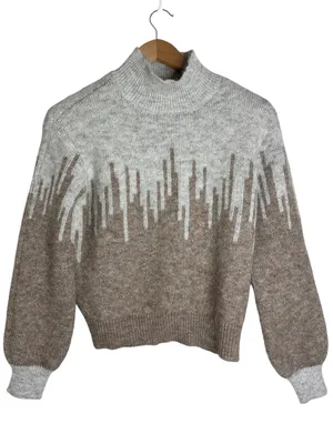 Ophelia Roe Turtleneck Two-Tone Heather Gray-Camel Geo Pattern Neutral Sweater S thumbnail 1