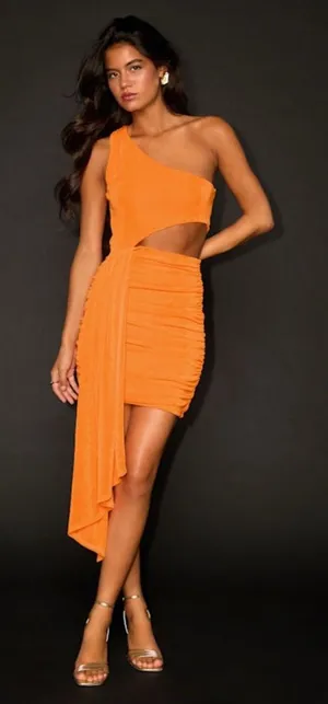 Lulus Neila Orange One-Shoulder Cutout Sash Mini Dress Size Medium Party Sexy thumbnail 1