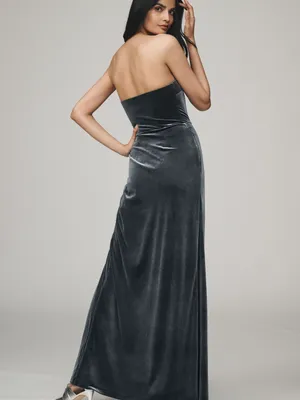 Anthropologie BHLDN Luella Strapless Stretch Velvet Draped Side Slit Formal Maxi Gown XS thumbnail 3