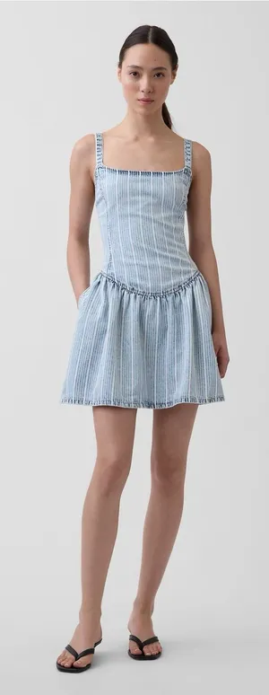 GAP UltraSoft Denim Stripe Drop-Waist Mini Dress indigo striped light wash thumbnail 1
