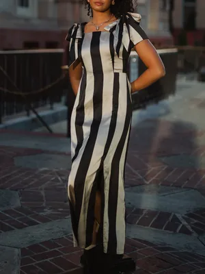 Ivy City Co Marni Dress Sz 1X Black Gold Stripe Satin Bow Midi Retro Party NWT thumbnail 9