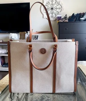 Tory Burch Blake Jumbo Tote‎ Bag Canvas Leather Trim Neutral Cream Brown Cuoio thumbnail 1