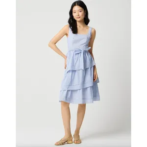 J.Crew Striped Sleeveless Belted Tiered Dress White Banker Blue Retro US 6 NWT thumbnail 2