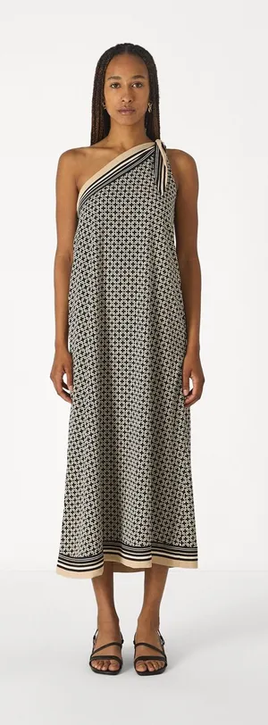 A&F One-Shoulder‎ Black and White Patterned Midi Dress thumbnail 1