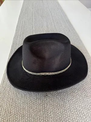 Source Unknown Black Felt Cowboy Hat w Tripe Row Rhinestone Crystal Band thumbnail 4