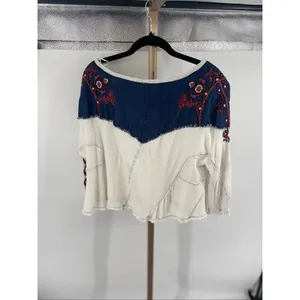 Free People We The Free Rio Henley Small Cream Navy Embroidered Indie Boho thumbnail 7