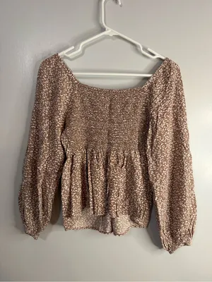 Japna Tan Brown Printed Long Sleeve Peasant Top Size Medium thumbnail 4