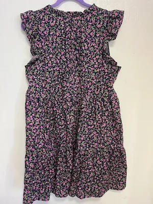 Time and Tru Black Floral Tiered Midi Dress with Pink and Green Print thumbnail 6