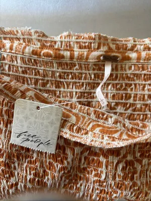 Free People In The Groove Smocked Strapless Tube Top Boho Ivory Orange L NWT thumbnail 2