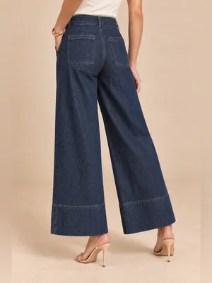 Zara Y2K Dark Wash High Rise Palazzo Wide Leg Patch Pocket Jeans 26” Inseam Crop thumbnail 3