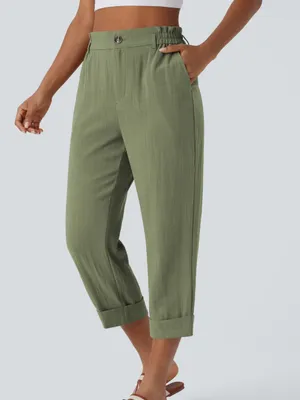 NWOT Halara Women's High Waisted Zipper Pocket Cropped Linen-Feel Pants green thumbnail 1