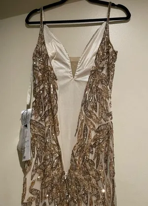 NWT Mac Duggal Style 5107 Plunging Neckline Sequins Gown Dress Gold Nude Size 10 thumbnail 14