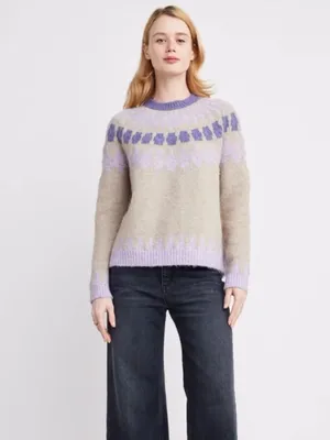 Women’s Tan Purple Size M Soft Fair Isle Pullover High Neck Knit Sweater thumbnail 2