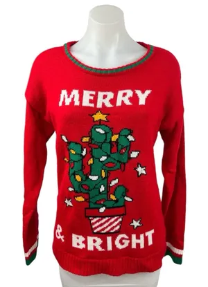 Francesca’s Red Merry & Bright Light Up Cactus Christmas Holiday Sweater Size L thumbnail 1
