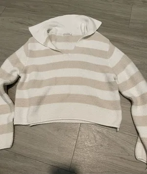 moon & madison Cream and Beige Striped V-Neck Hooded Sweater thumbnail 1