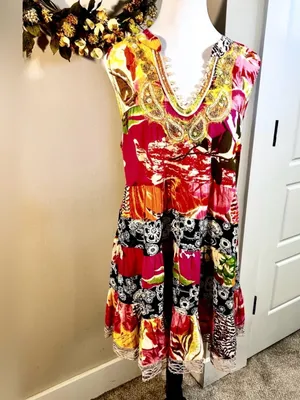 FREE PEOPLE Patchwork Dress Embellished Neck Back Cinch Boho Y2K Floral Sz M💛 thumbnail 3