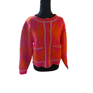 Sunday Up Pink Orange Argyle Cardigan Small Metallic Silver Trim Cropped thumbnail 2
